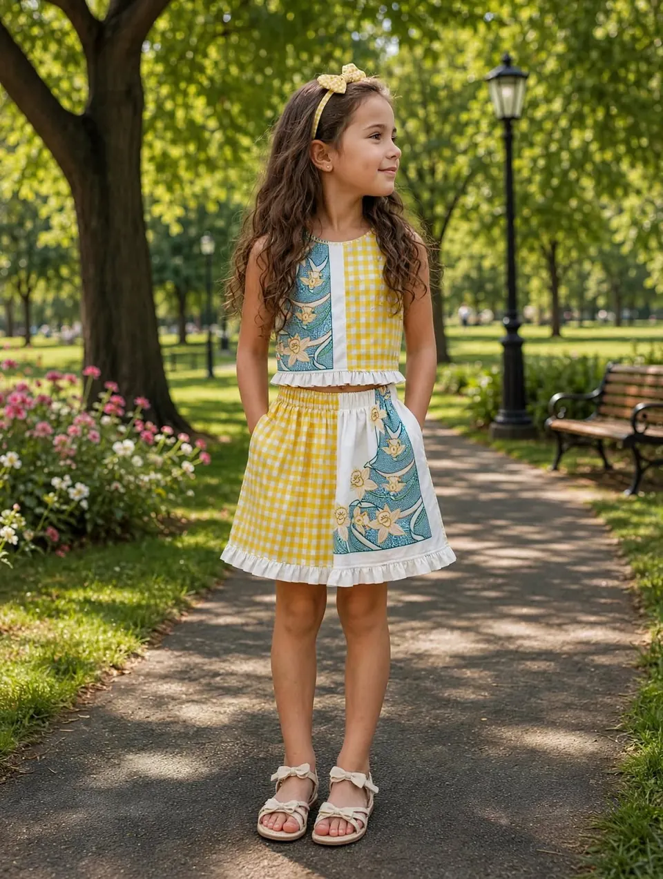 Color Block Bagh · Sunshine: Gingham + botanical panel top & skirt