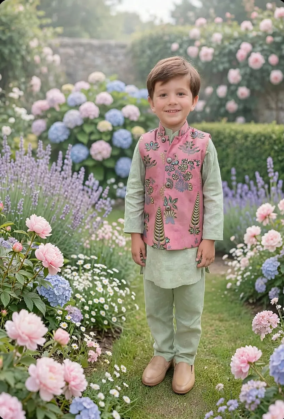 Boy in a sage kurta pyjama with rose botanical bandi jacket