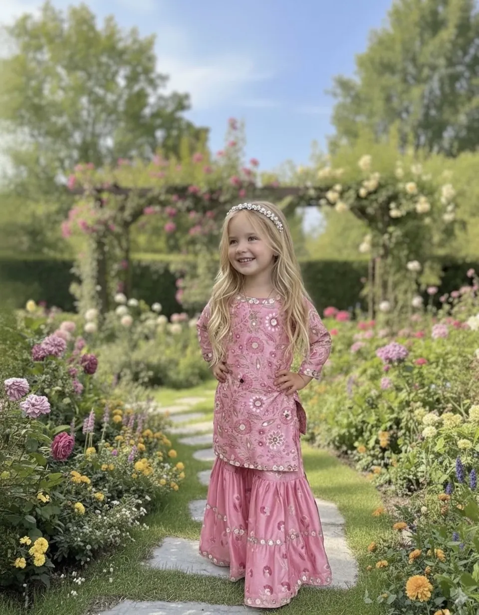 Girl in the Gulab Dust embroidered kurta sharara under a rose arch