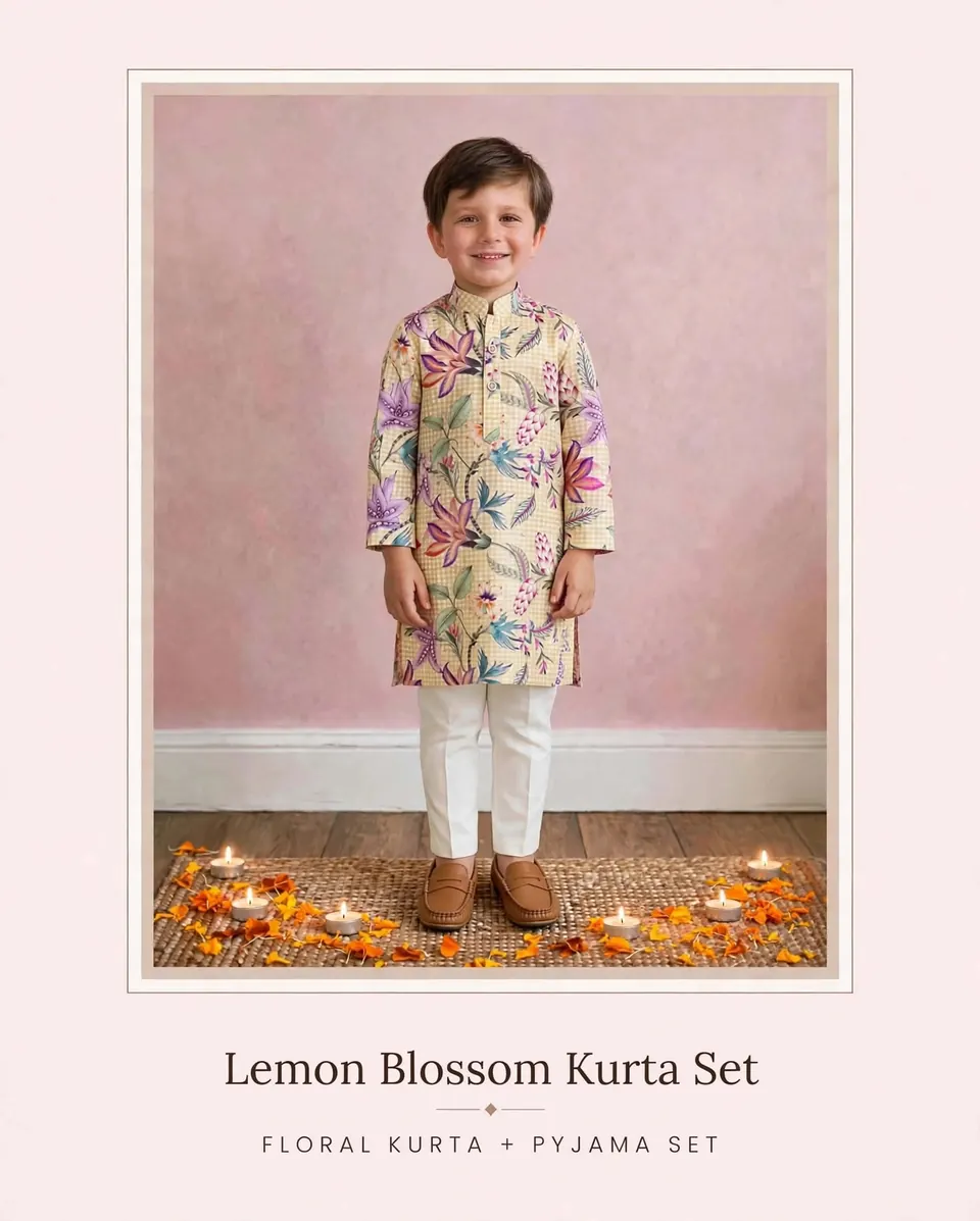 Lemon Blossom Kurta Set: Floral Kurta + Pyjama Set