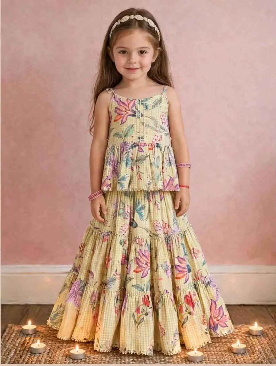 Lemon Blossom Lehnga Set: Strappy peplum top + tiered lehnga