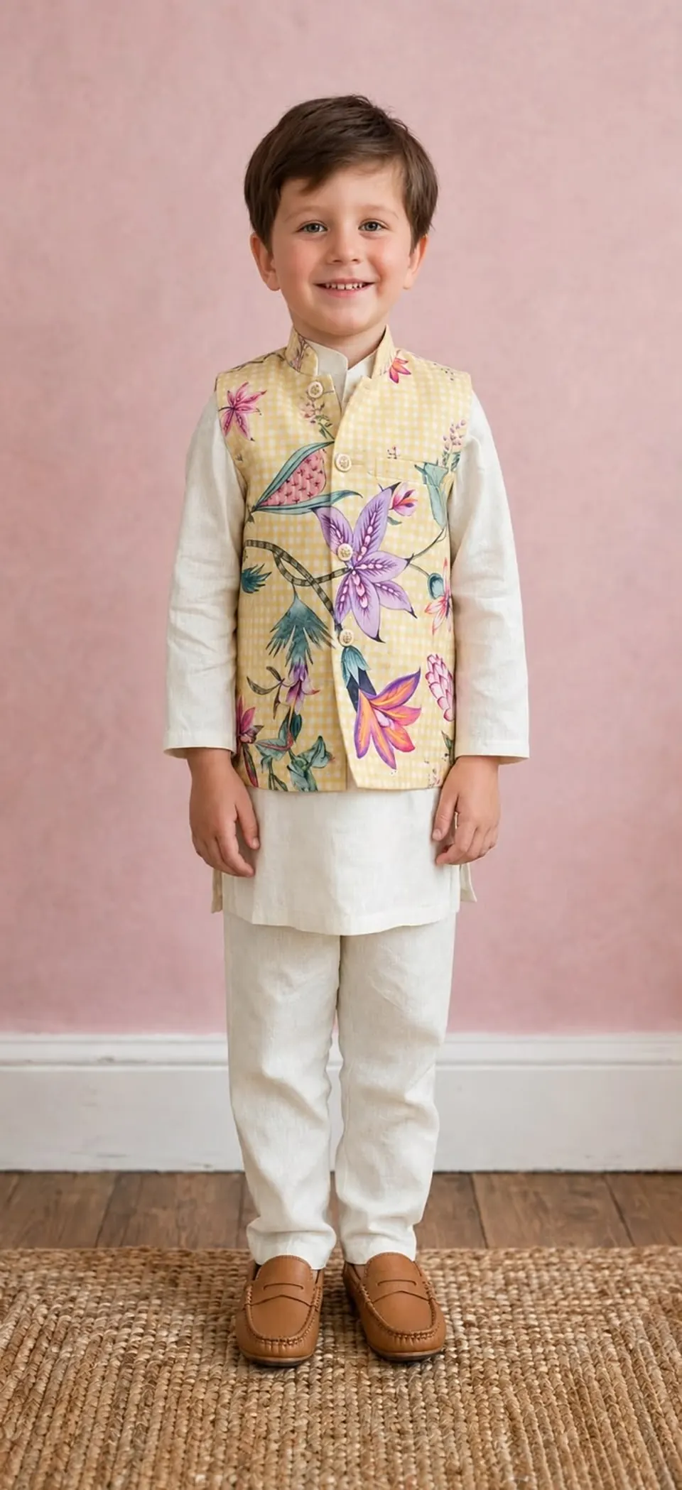 Lemon Gardenia Bandi Set: Kurta pyjama + botanical bandi jacket