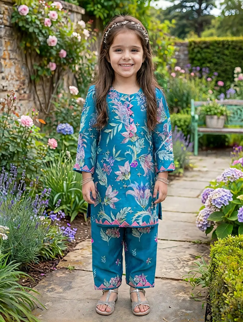 Girl in the teal Nilgiri kurta and pant